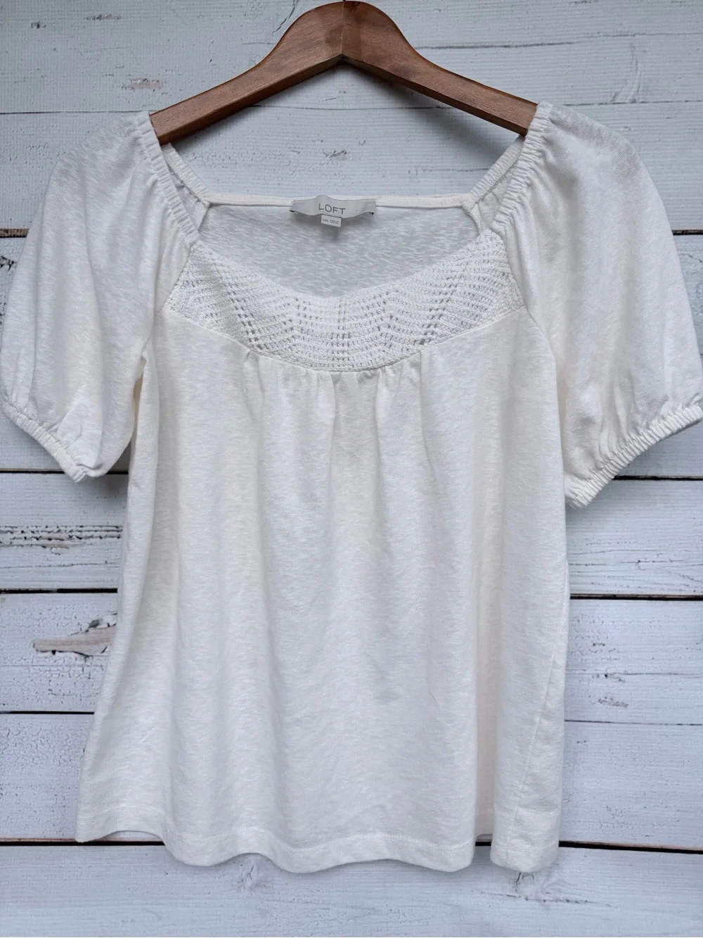 LOFT White Crochet Lace Yoke Puff Sleeve Peasant Blouse Top - Size XXS